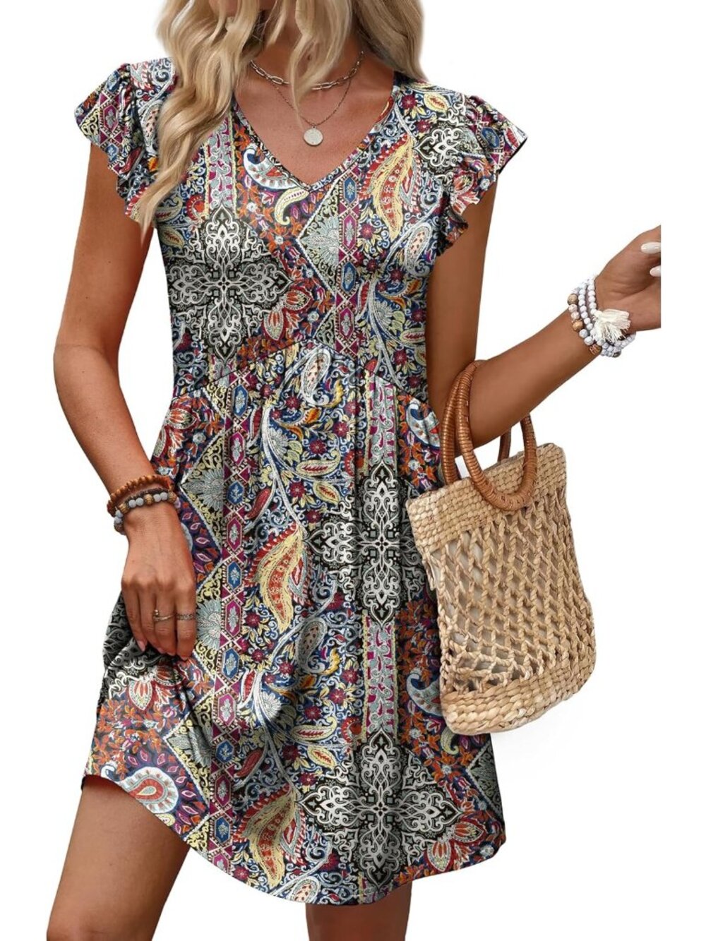 Women Bohemia Colored Ruffle Sleeve Baby Doll V Neck Imported Causal Dress